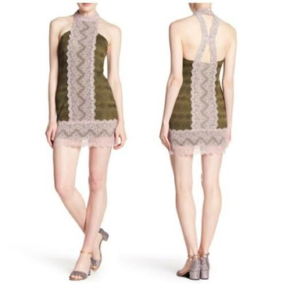Free People Natasha Pink Green lace halter  mini bodycon dress - Picture 4 of 16